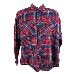 FREDS Vintage Flannel 90s Button Up Shirt Size  XL Red Plaid Grunge Lumberjack